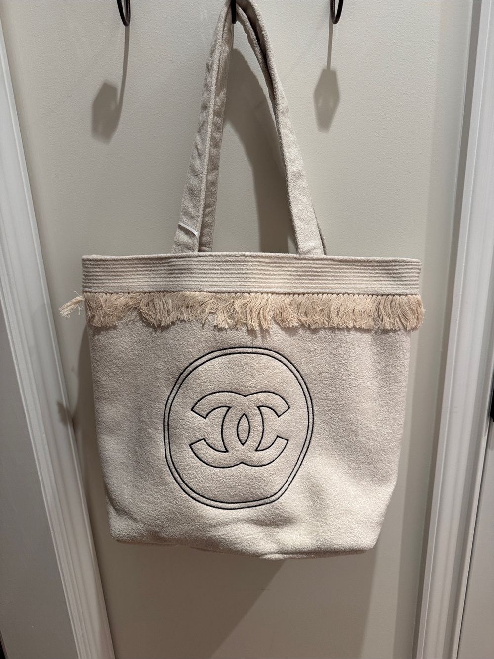CHANEL style Cream Canvas Tote with Fringe and Embroidered CC